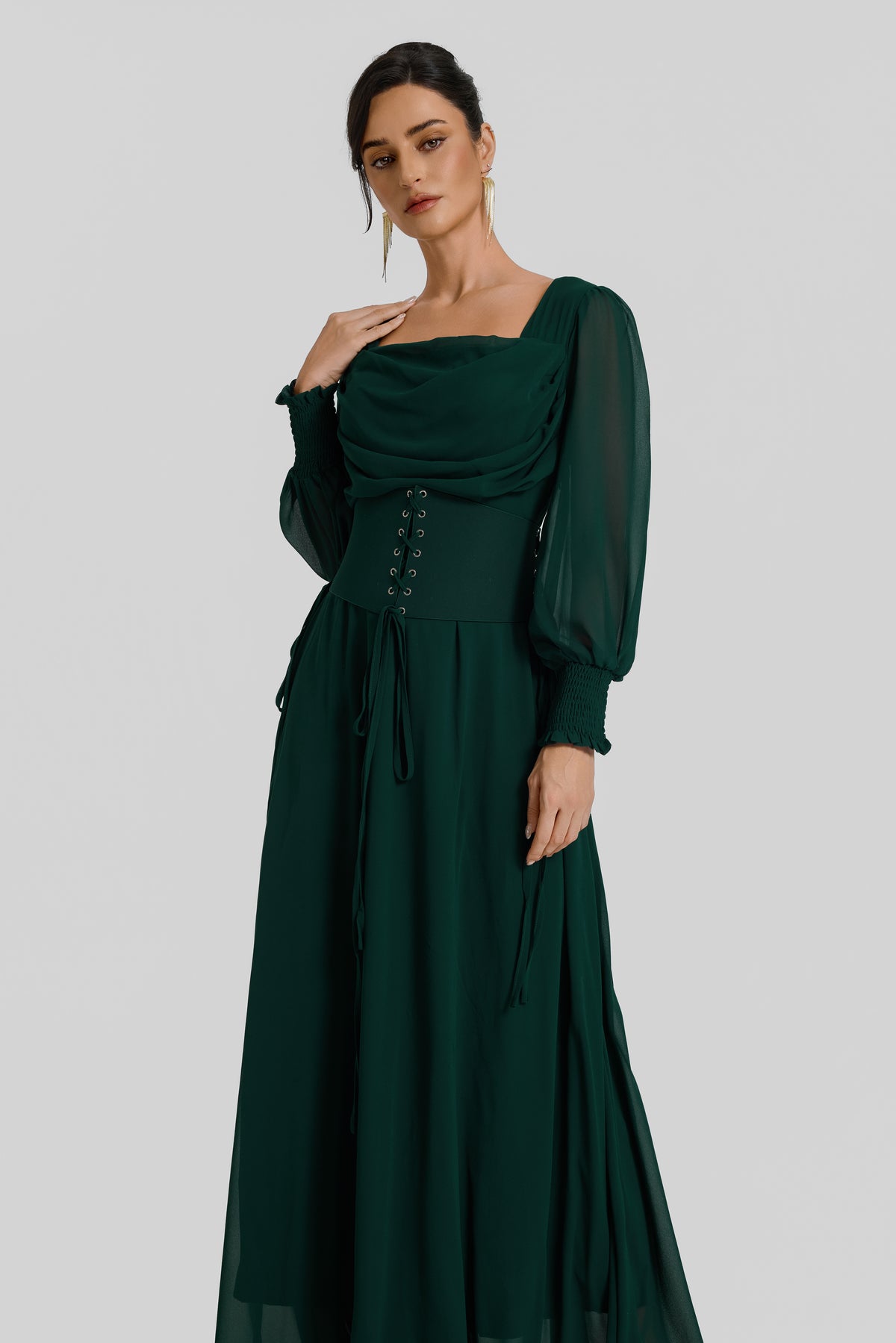Square Collar Lantern Sleeve Maxi Dress With Corset