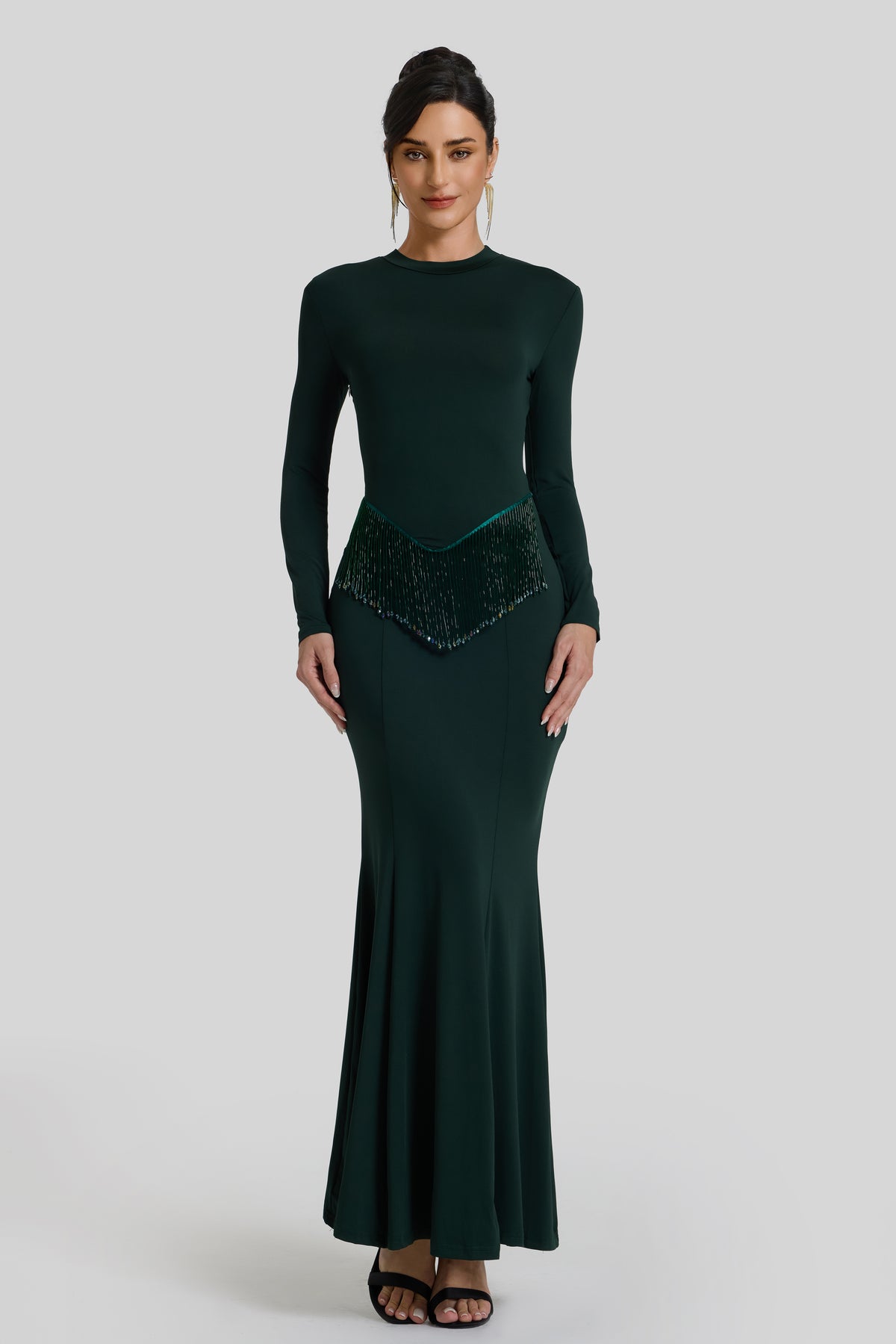 Solid Beaded Round Neck Maxi Dress