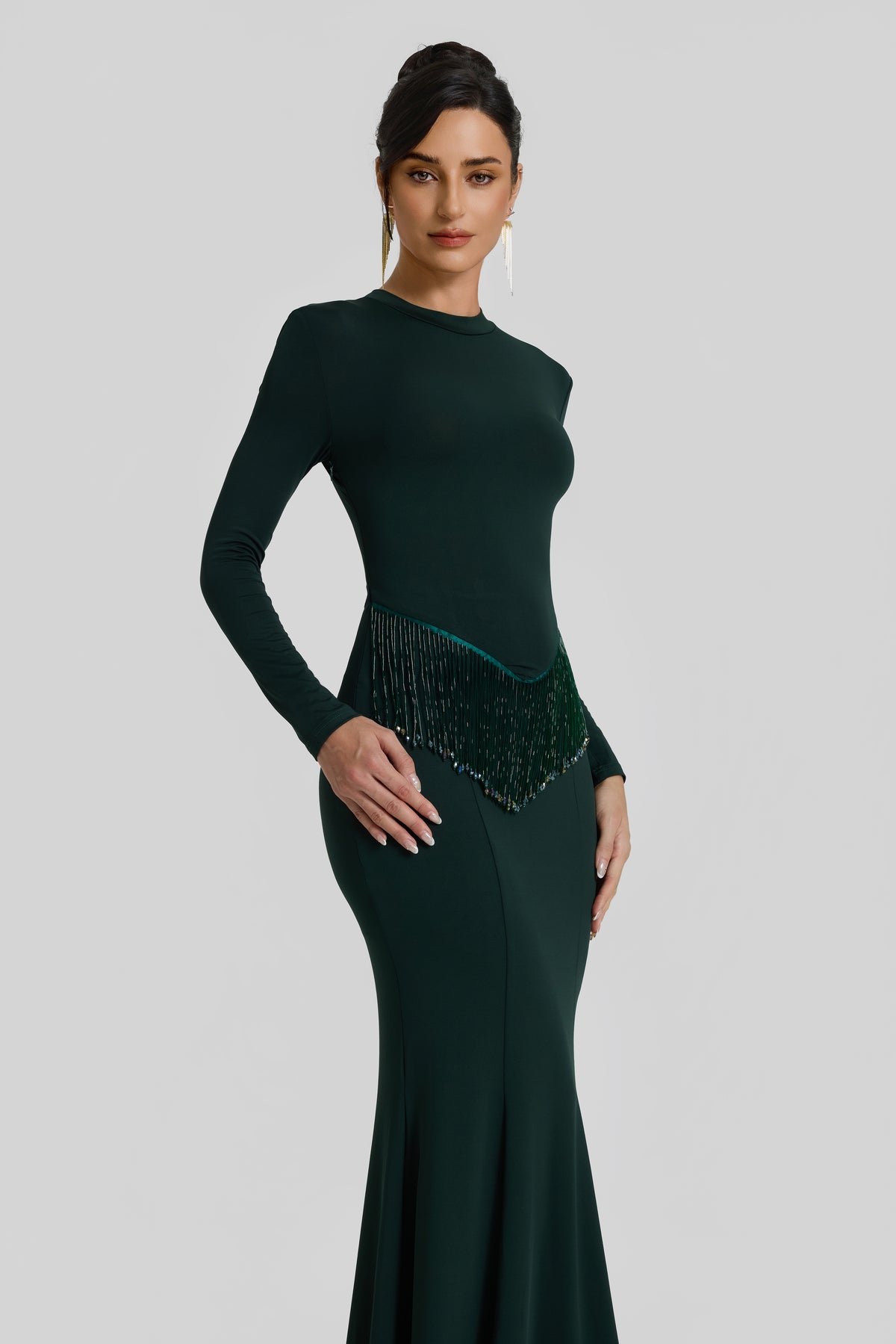 Solid Beaded Round Neck Maxi Dress