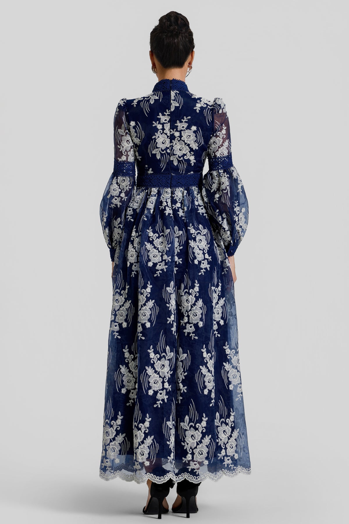Embroidered Stand Collar Button Maxi Dress