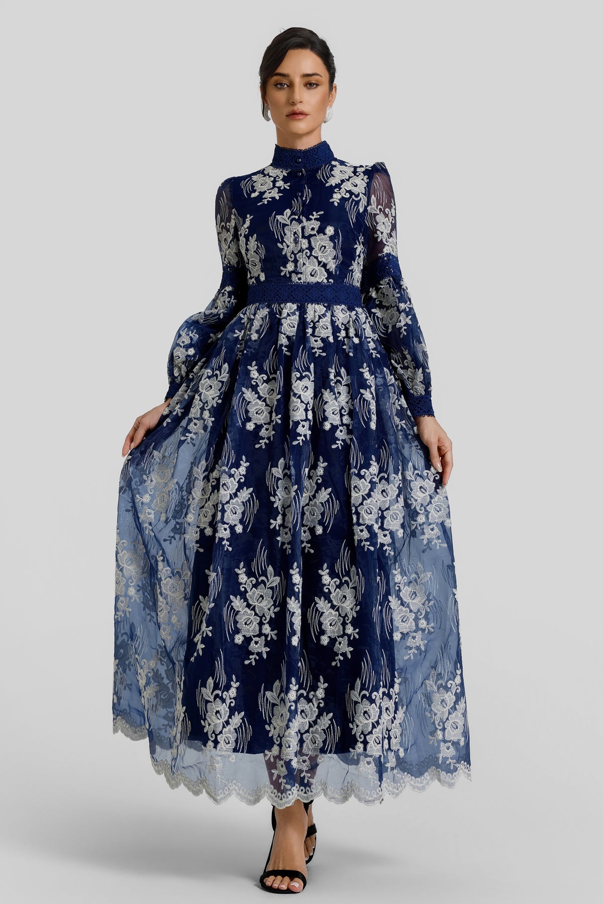 Embroidered Stand Collar Button Maxi Dress