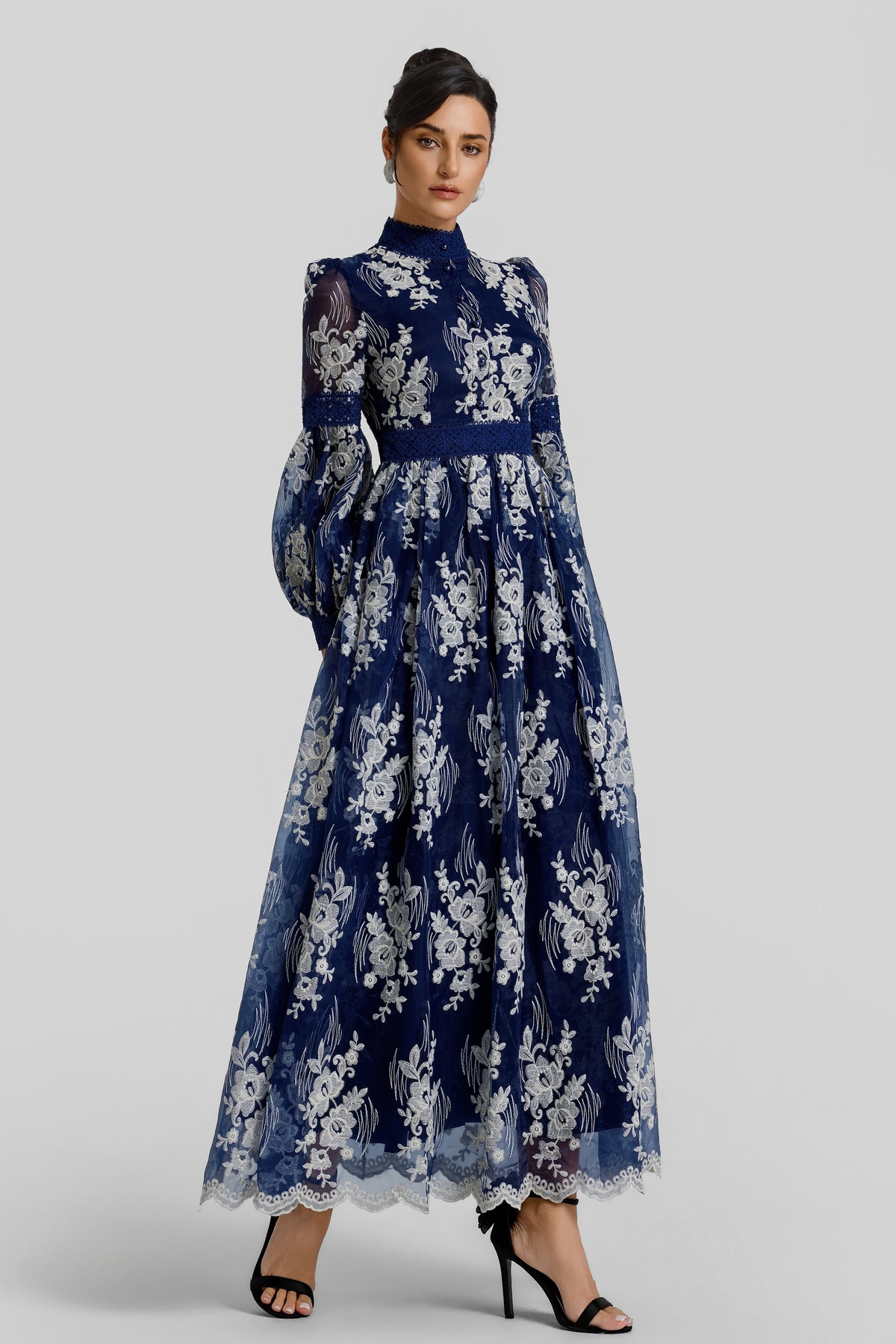 Embroidered Stand Collar Button Maxi Dress