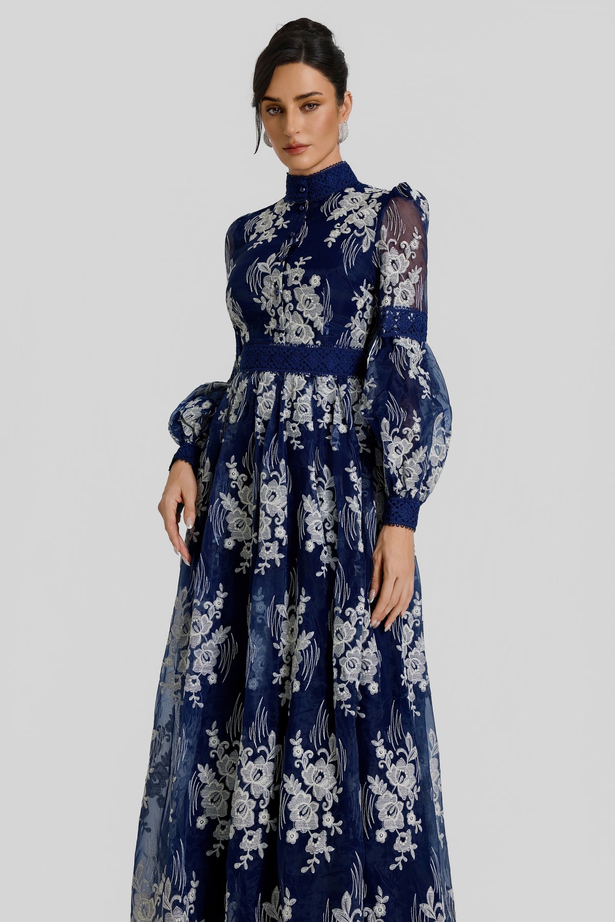 Embroidered Stand Collar Button Maxi Dress