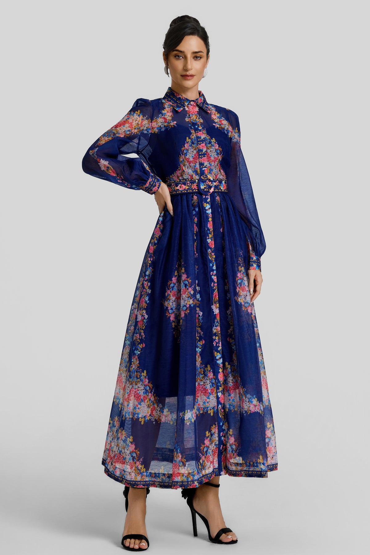 Floral Single Breasted Midi Dress With Belt