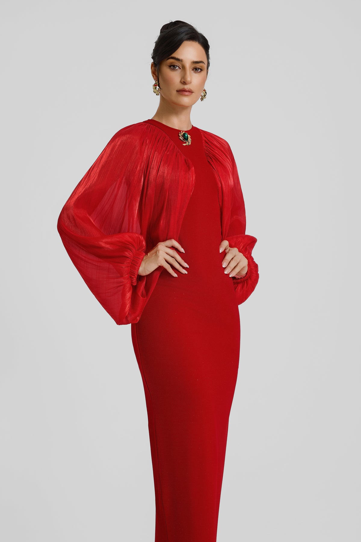 Chiffon Splicing Lantern Sleeves Midi Dress