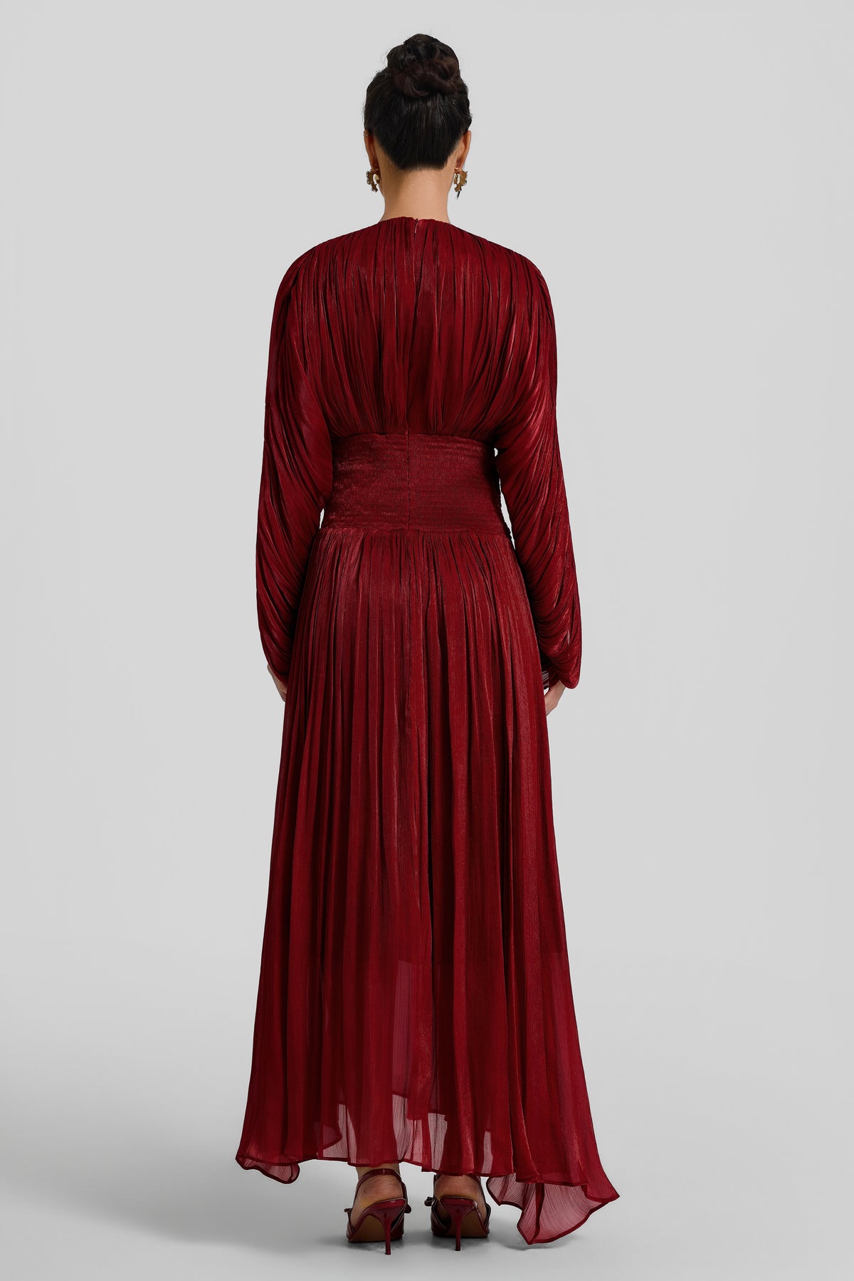 Pleated Batwing Sleeve Round Neck Midi Dress