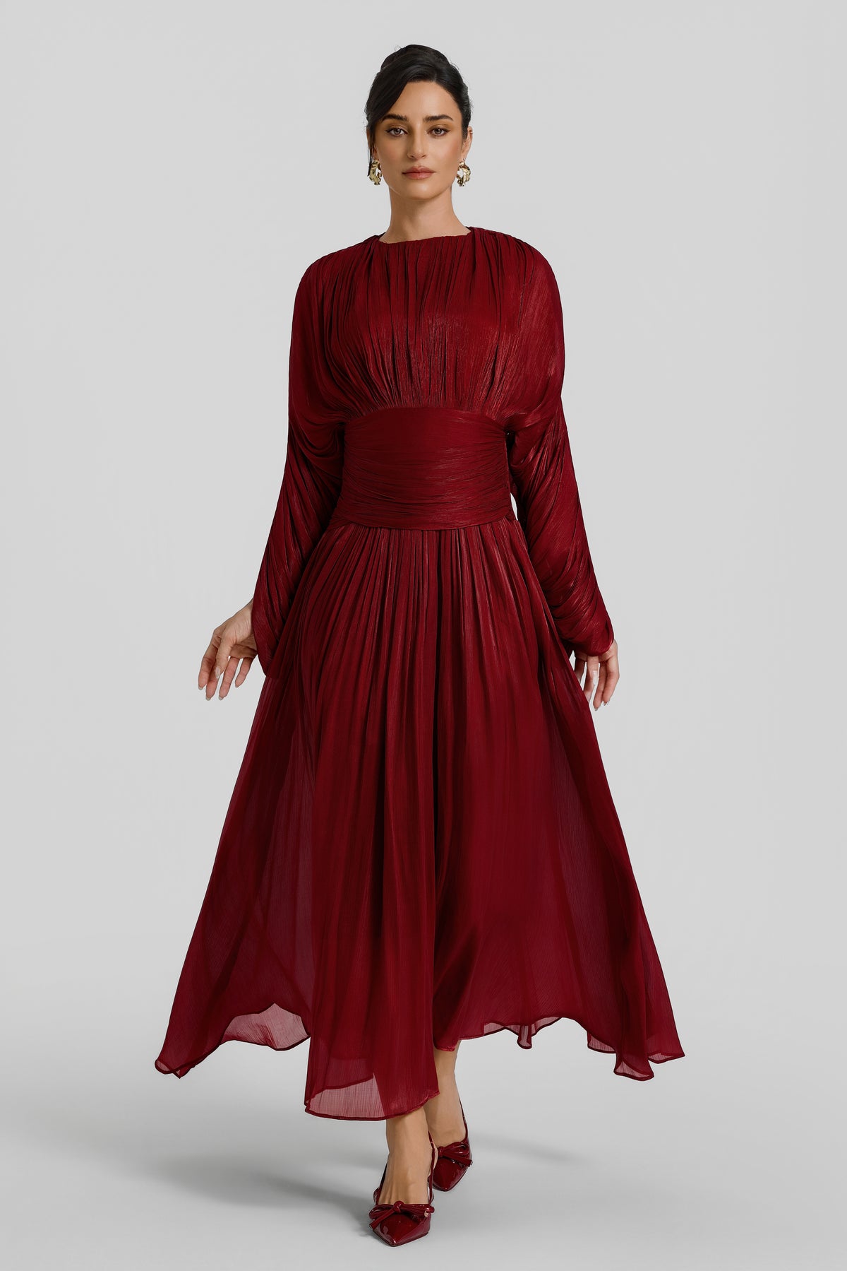Pleated Batwing Sleeve Round Neck Midi Dress