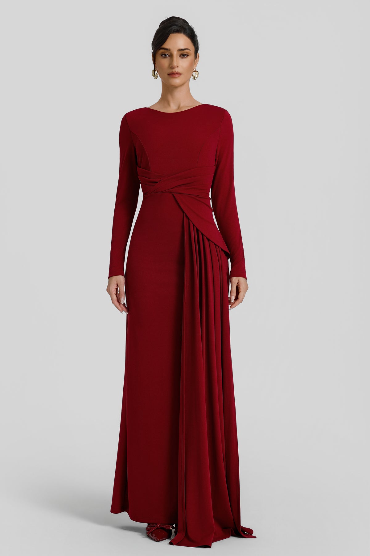 Solid Ruched Long Sleeve Maxi Dress