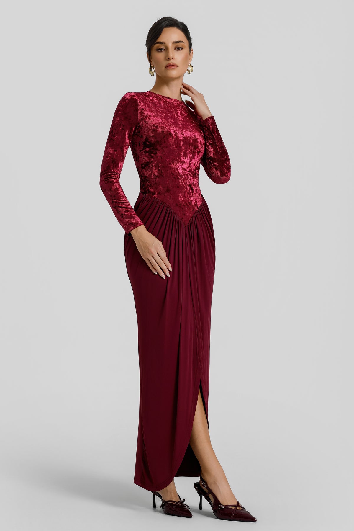 Velvet Round Neck Gathering Maxi Dress