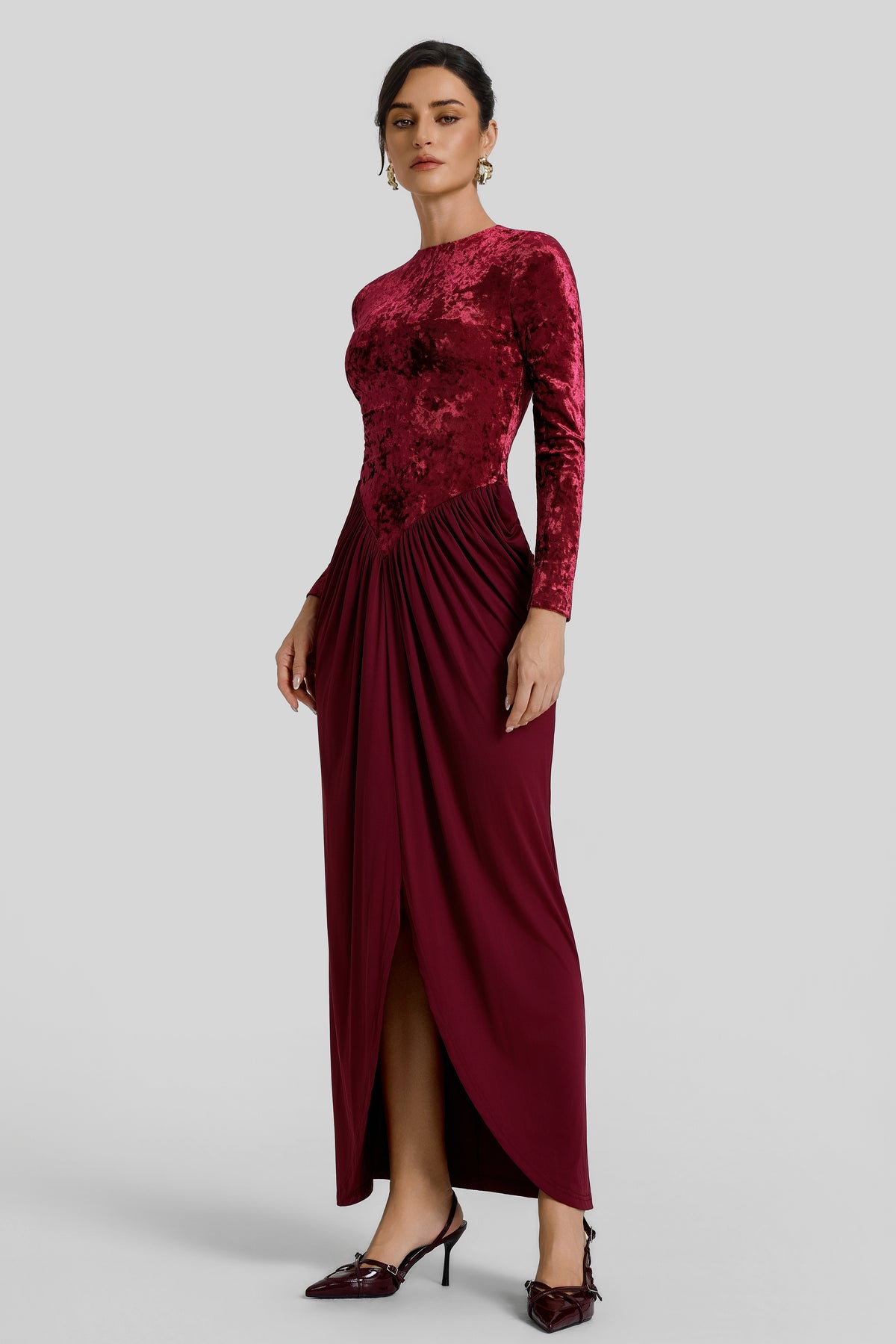 Velvet Round Neck Gathering Maxi Dress