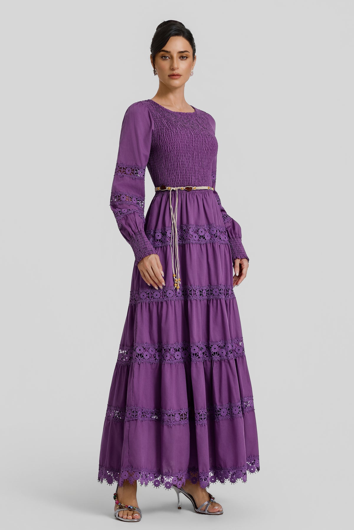 Smocking Lace Splicing Midi Dress
