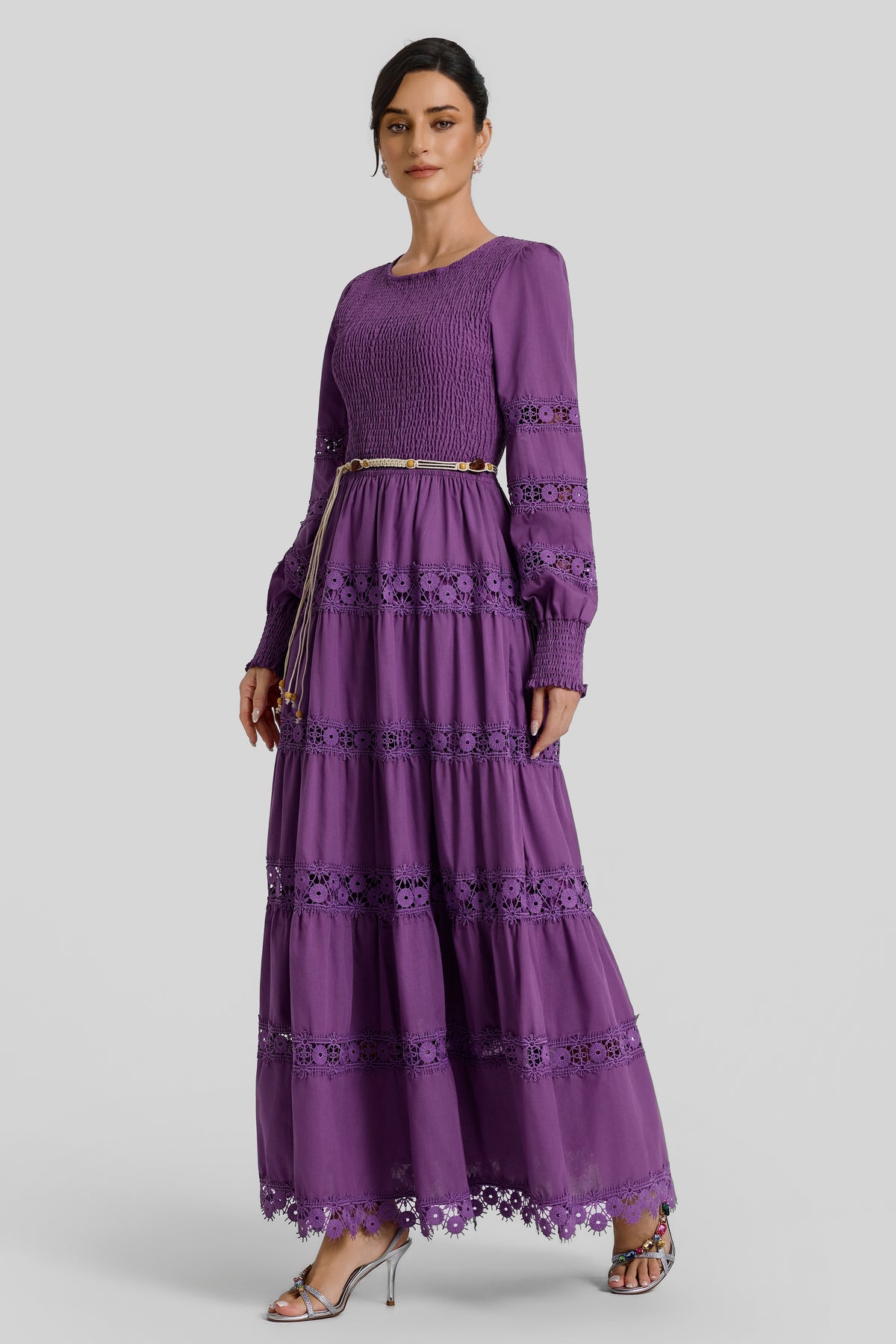 Smocking Lace Splicing Midi Dress