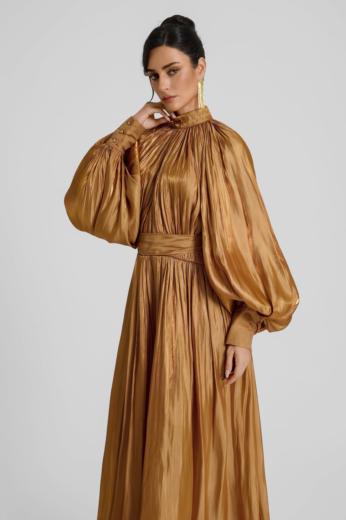 Gathering Lace-Up Lantern Sleeve Maxi Dress
