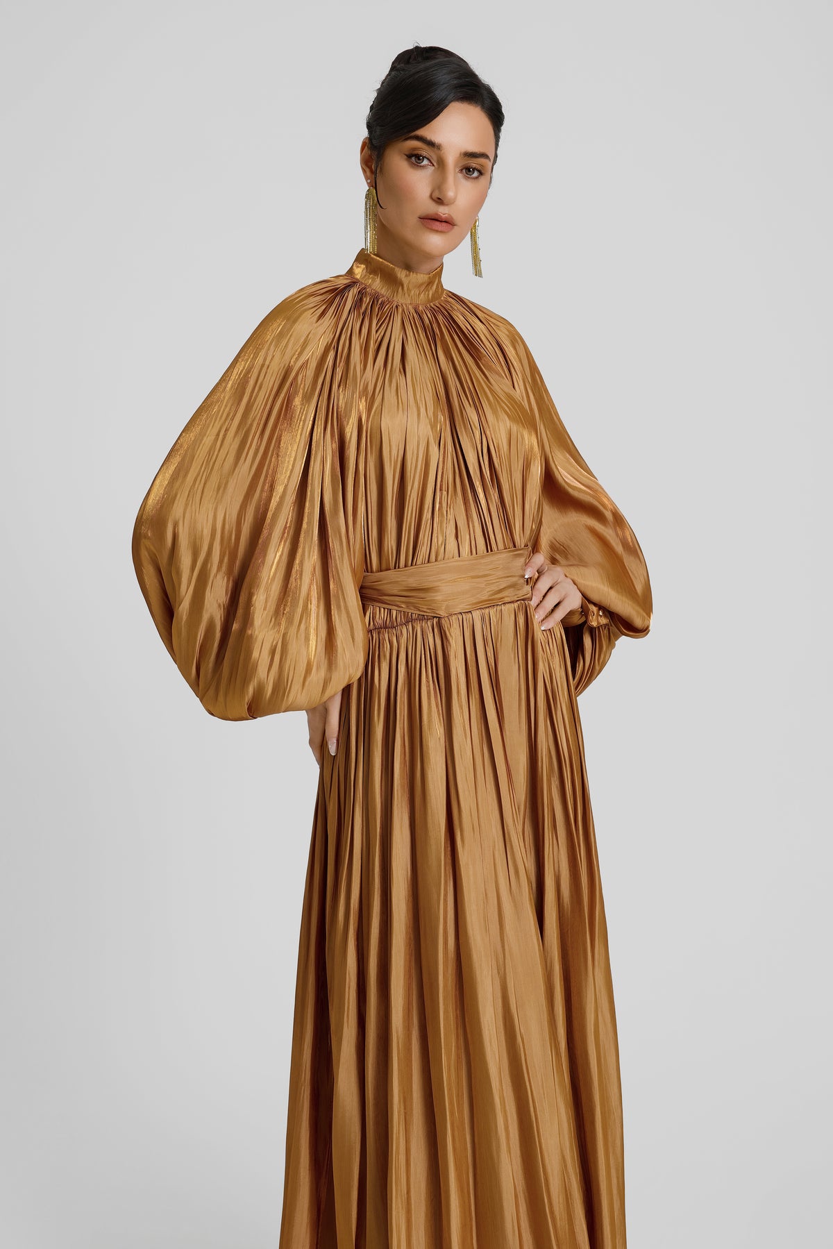 Gathering Lace-Up Lantern Sleeve Maxi Dress