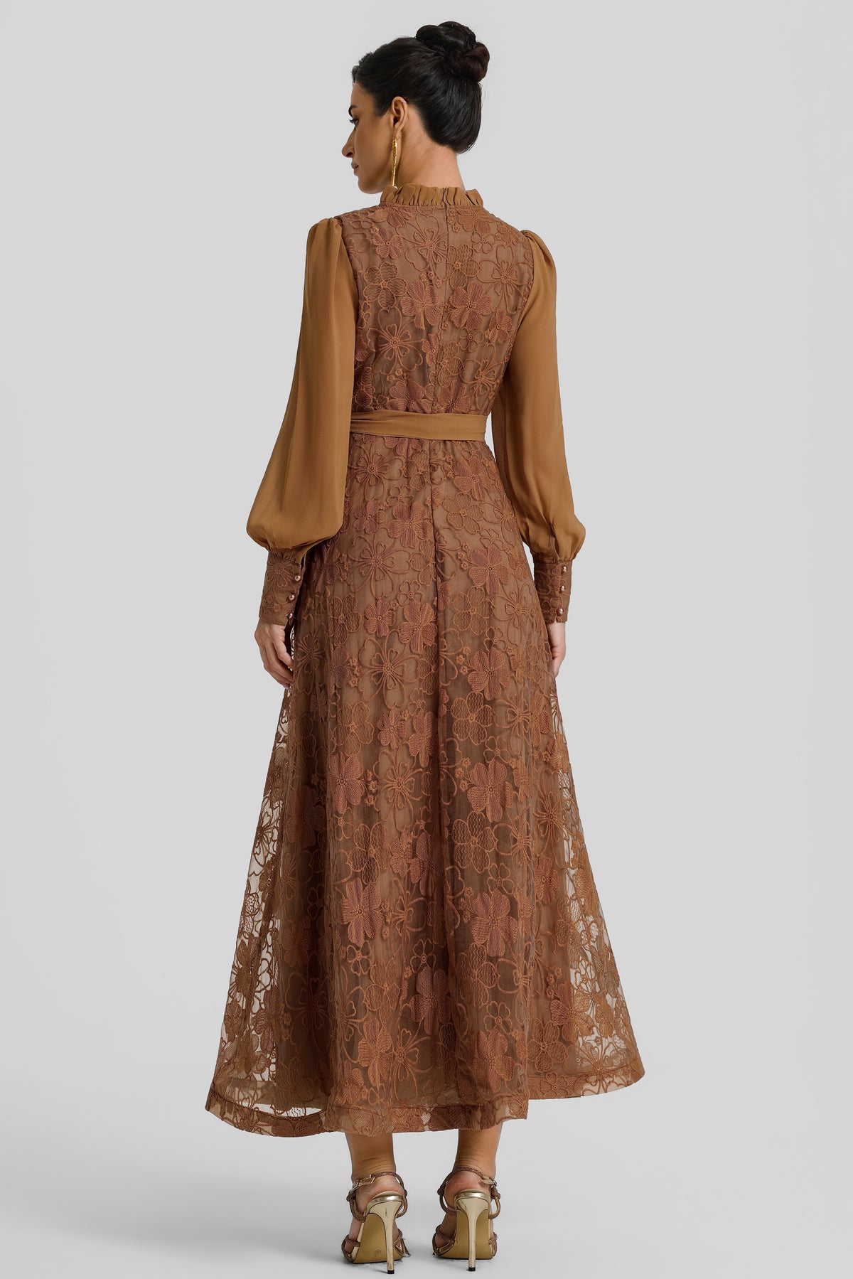 Lace Button Lantern Sleeve Maxi Dress