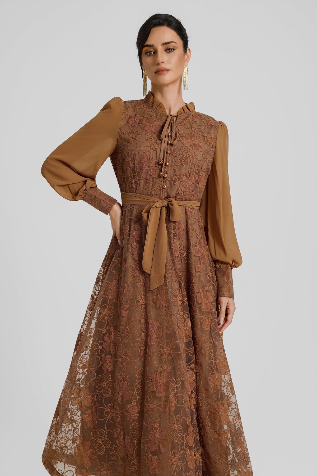 Lace Button Lantern Sleeve Maxi Dress