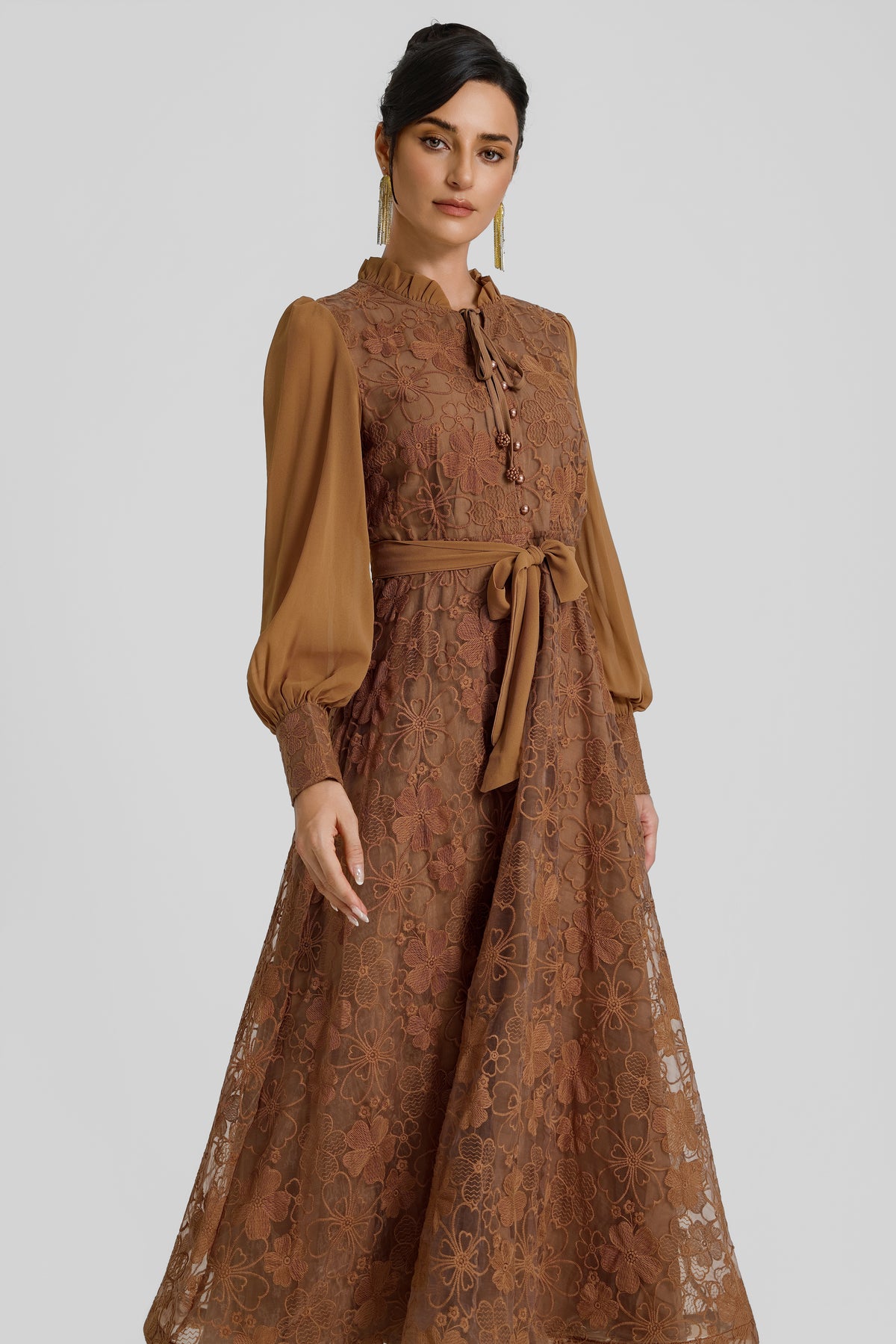 Lace Button Lantern Sleeve Maxi Dress