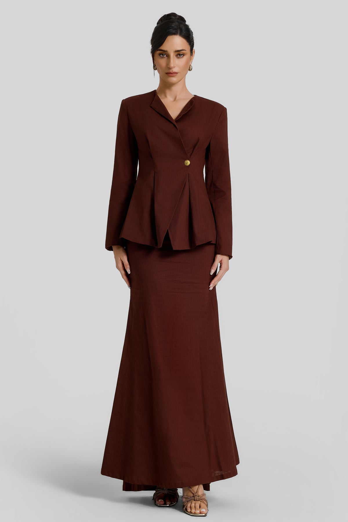 Pleated Long Sleeve Top & High Waist Maxi Skirt Set
