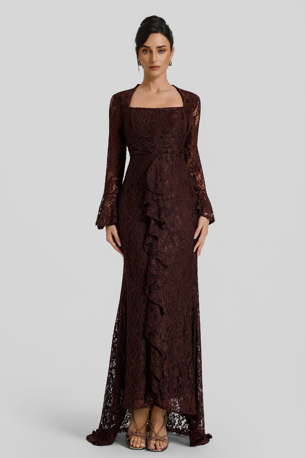 Lace Square Collar Bell Sleeve Maxi Dress