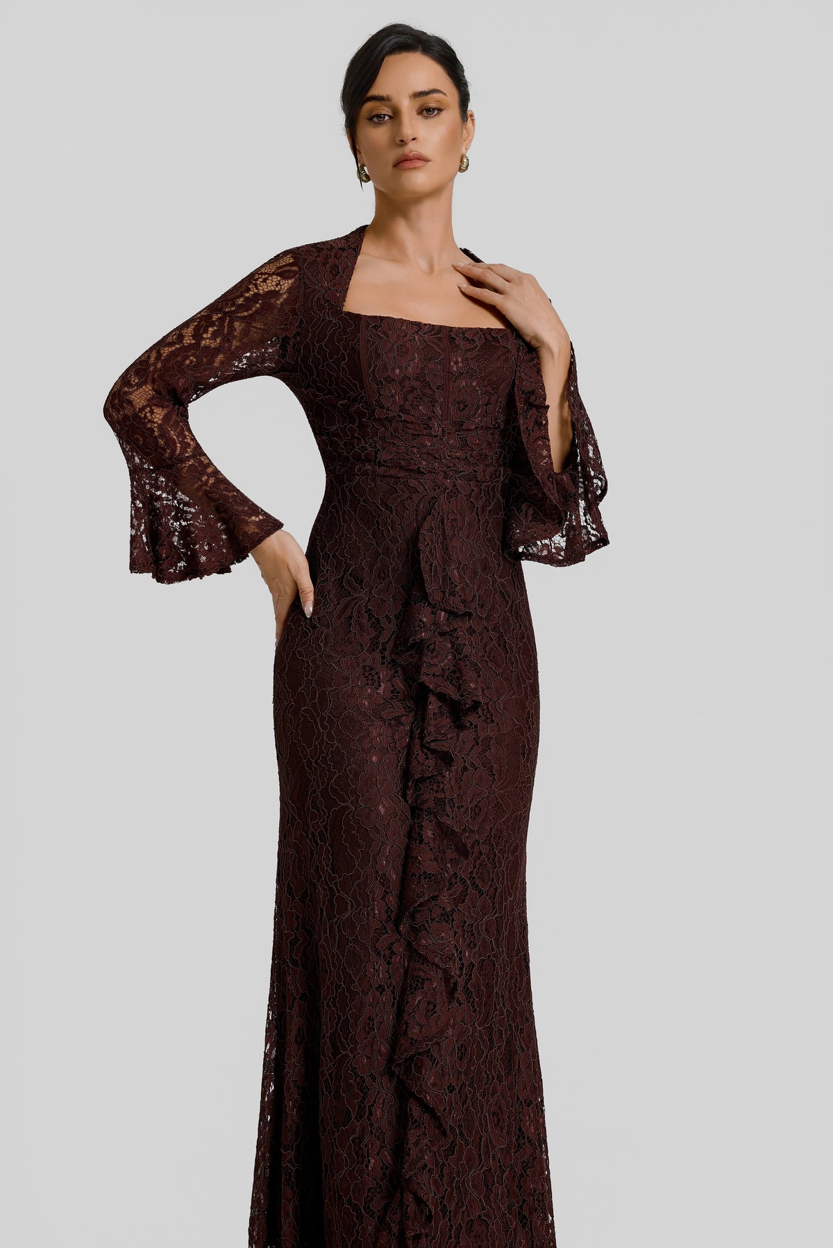 Lace Square Collar Bell Sleeve Maxi Dress