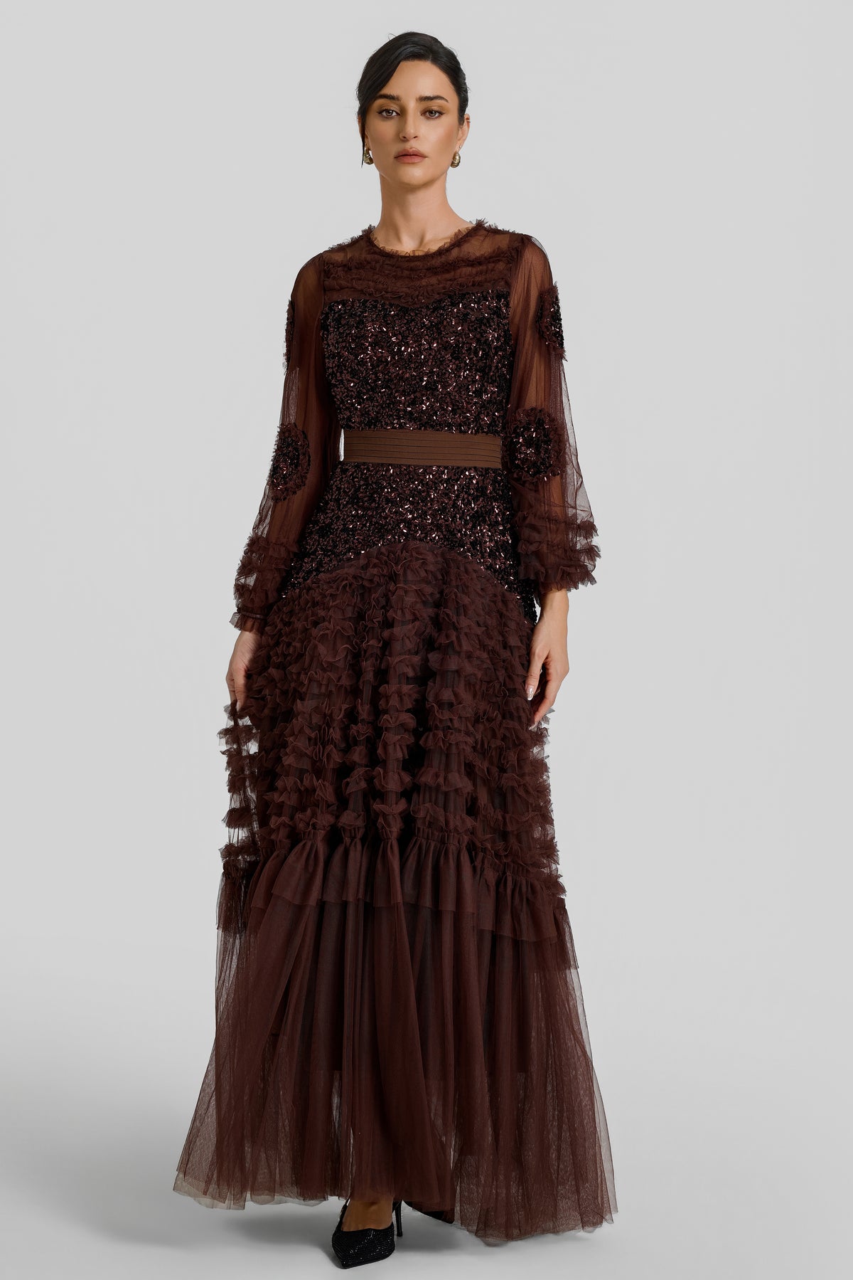 Sequin Mesh Frill Midi Dress
