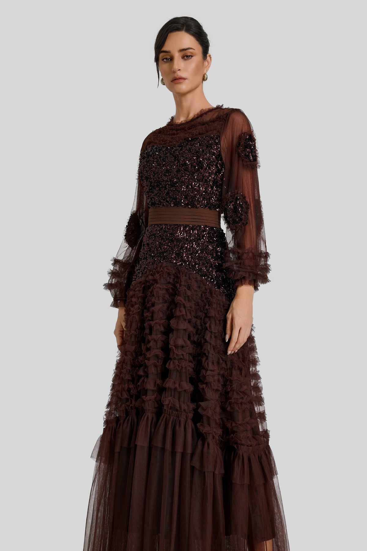 Sequin Mesh Frill Midi Dress
