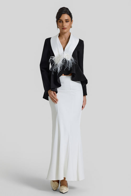 Contrast Color Feather Top & High Waist Midi Skirt Set