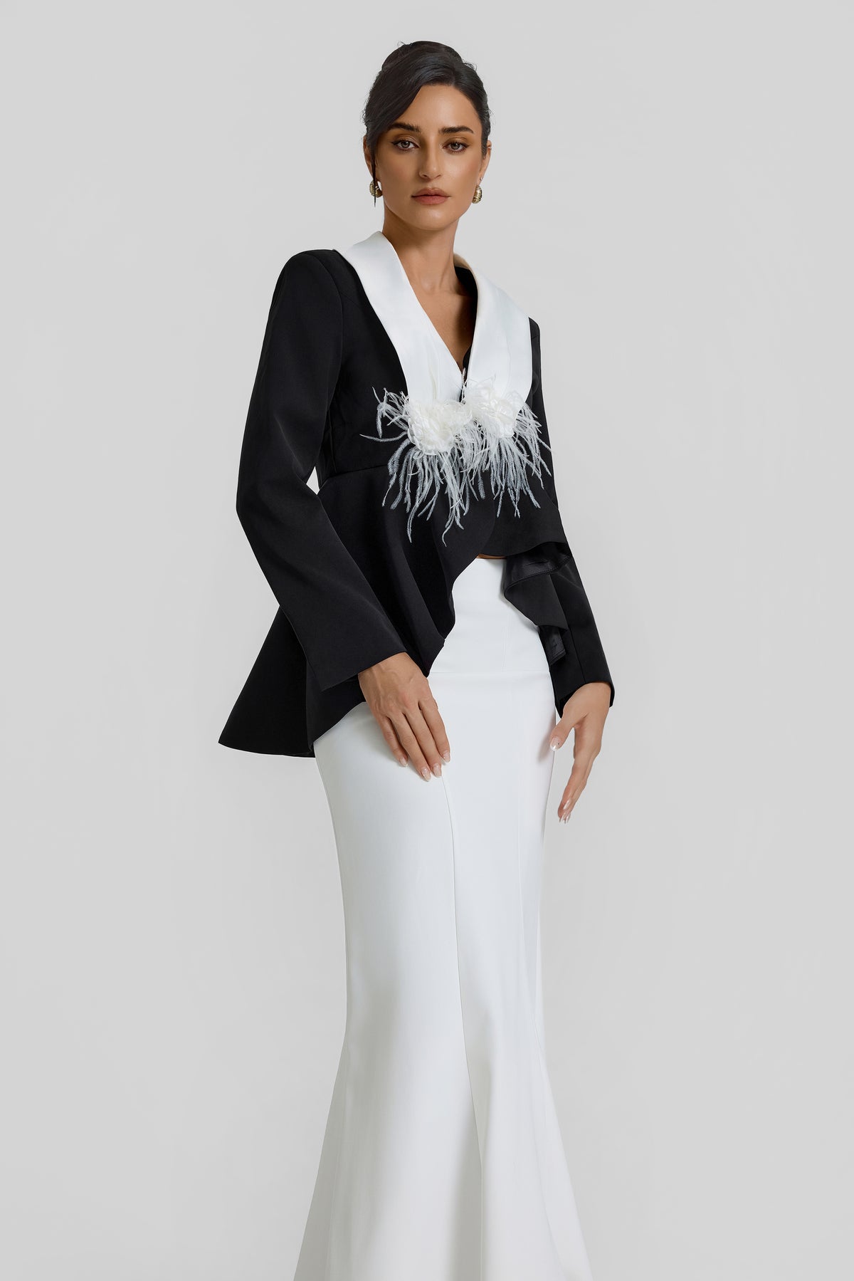 Contrast Color Feather Top & High Waist Midi Skirt Set