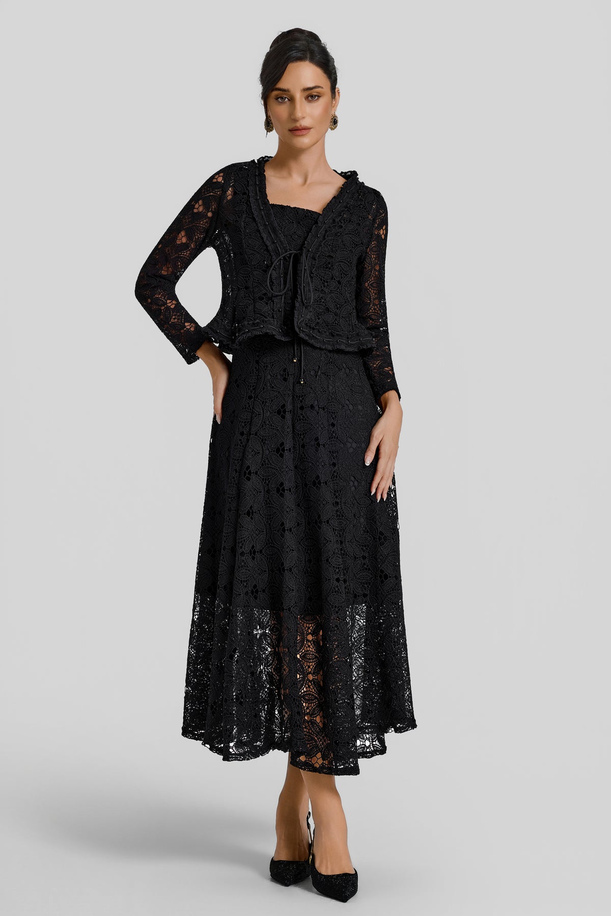 Slip Midi Dress With Lace Lace-Up Cardigan