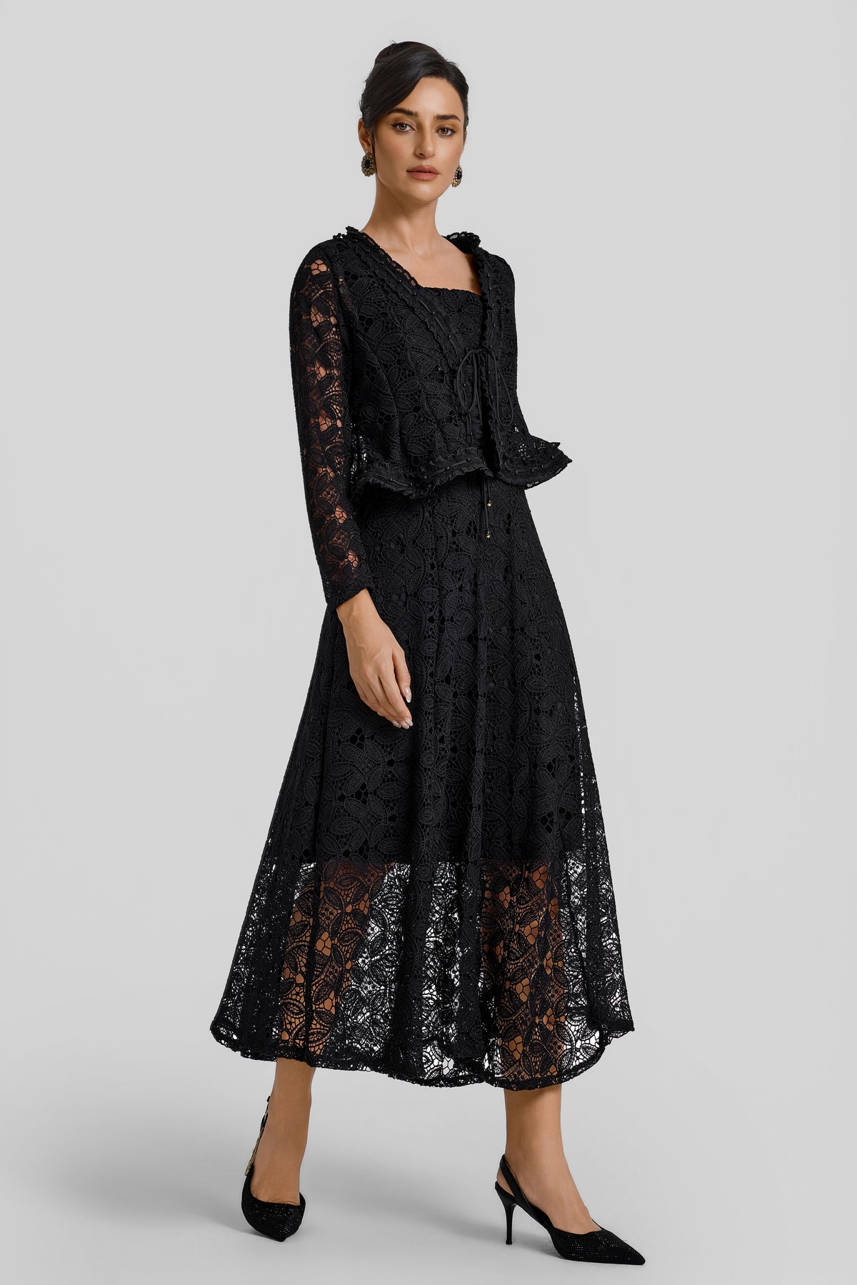 Slip Midi Dress With Lace Lace-Up Cardigan