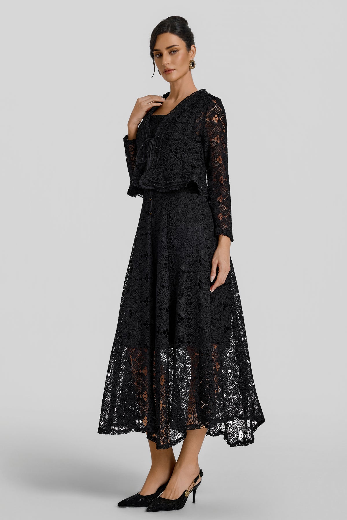 Slip Midi Dress With Lace Lace-Up Cardigan