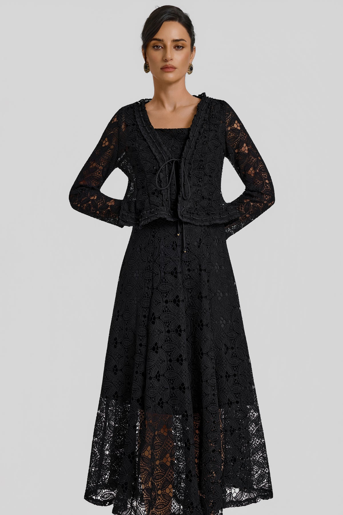 Slip Midi Dress With Lace Lace-Up Cardigan