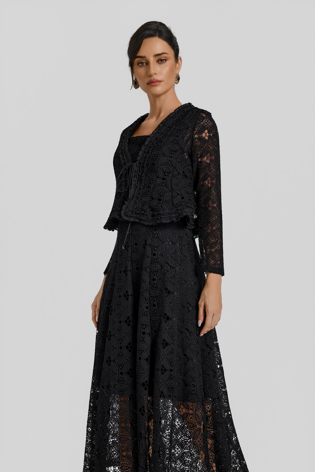 Slip Midi Dress With Lace Lace-Up Cardigan