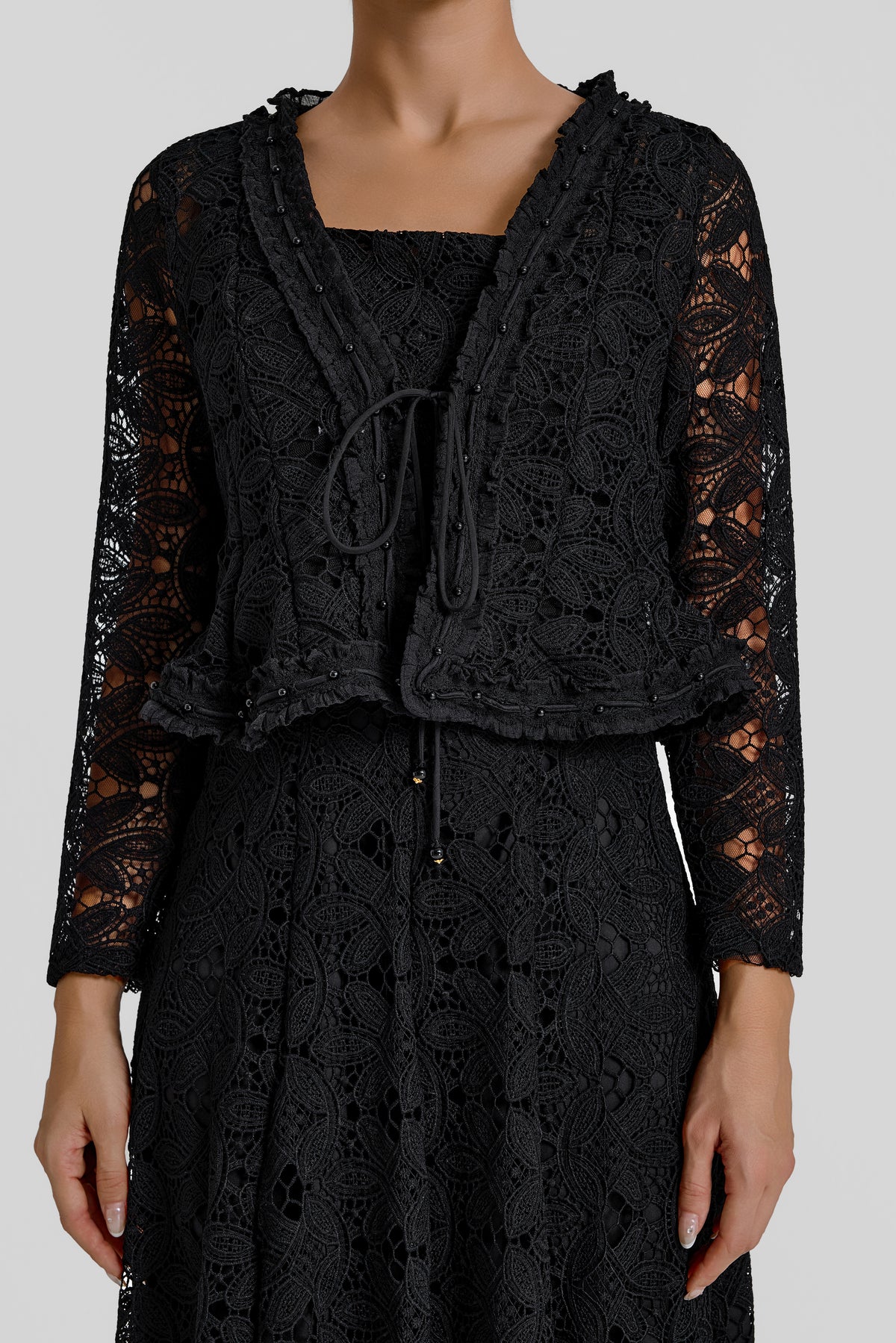 Slip Midi Dress With Lace Lace-Up Cardigan