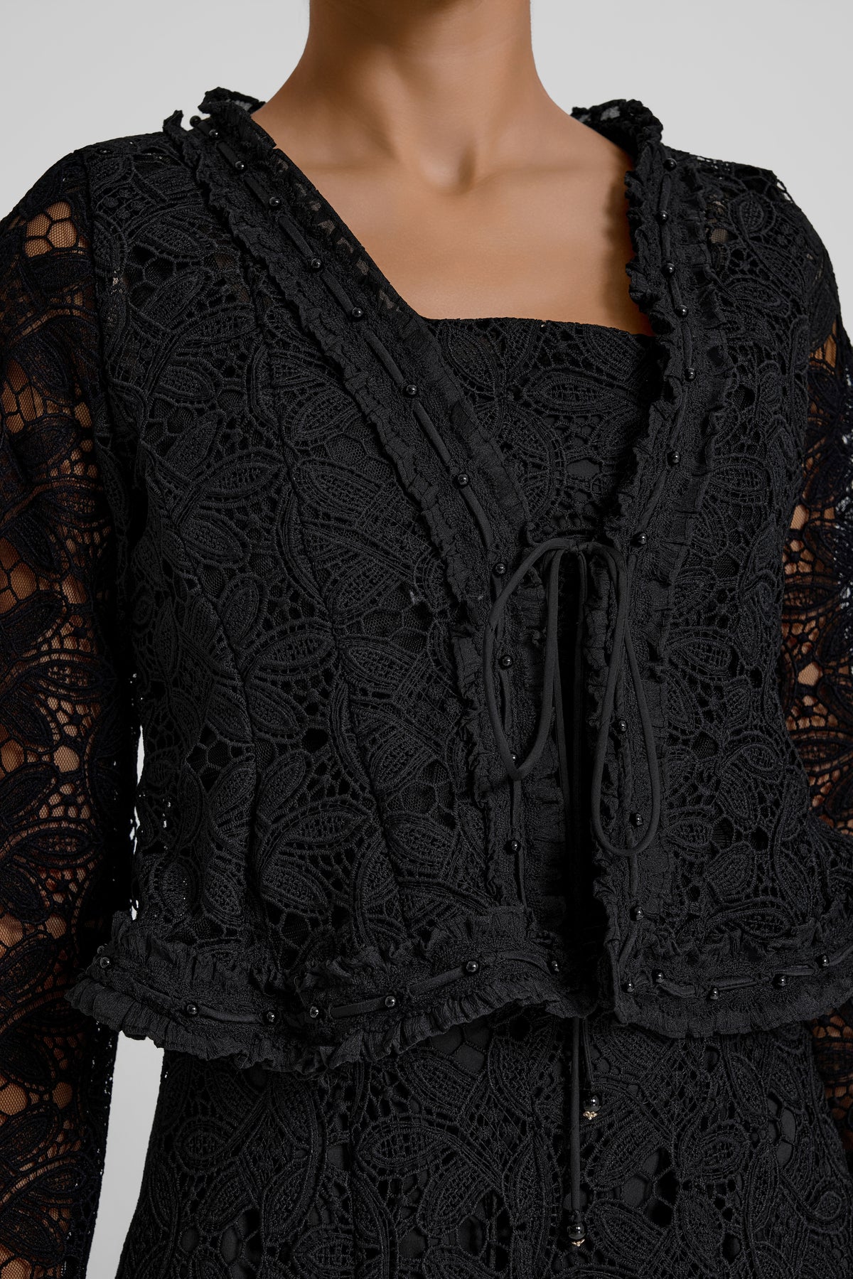 Slip Midi Dress With Lace Lace-Up Cardigan