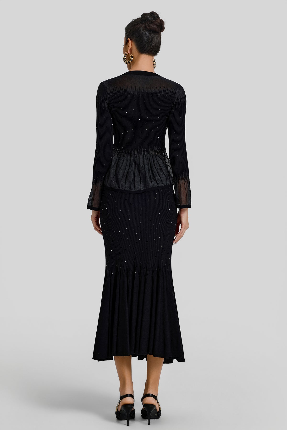 Rhinestone Ruffle Cardigan & High Waist Midi Skirt Set