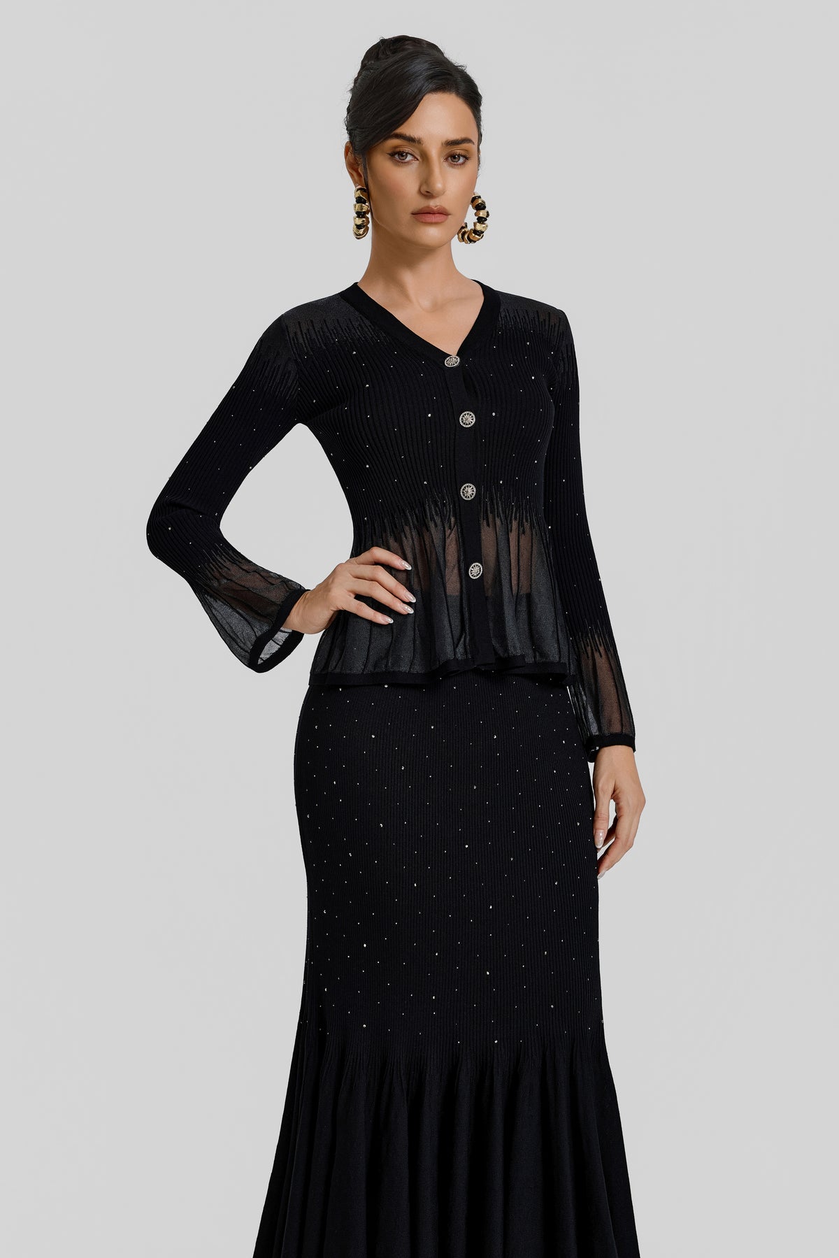 Rhinestone Ruffle Cardigan & High Waist Midi Skirt Set