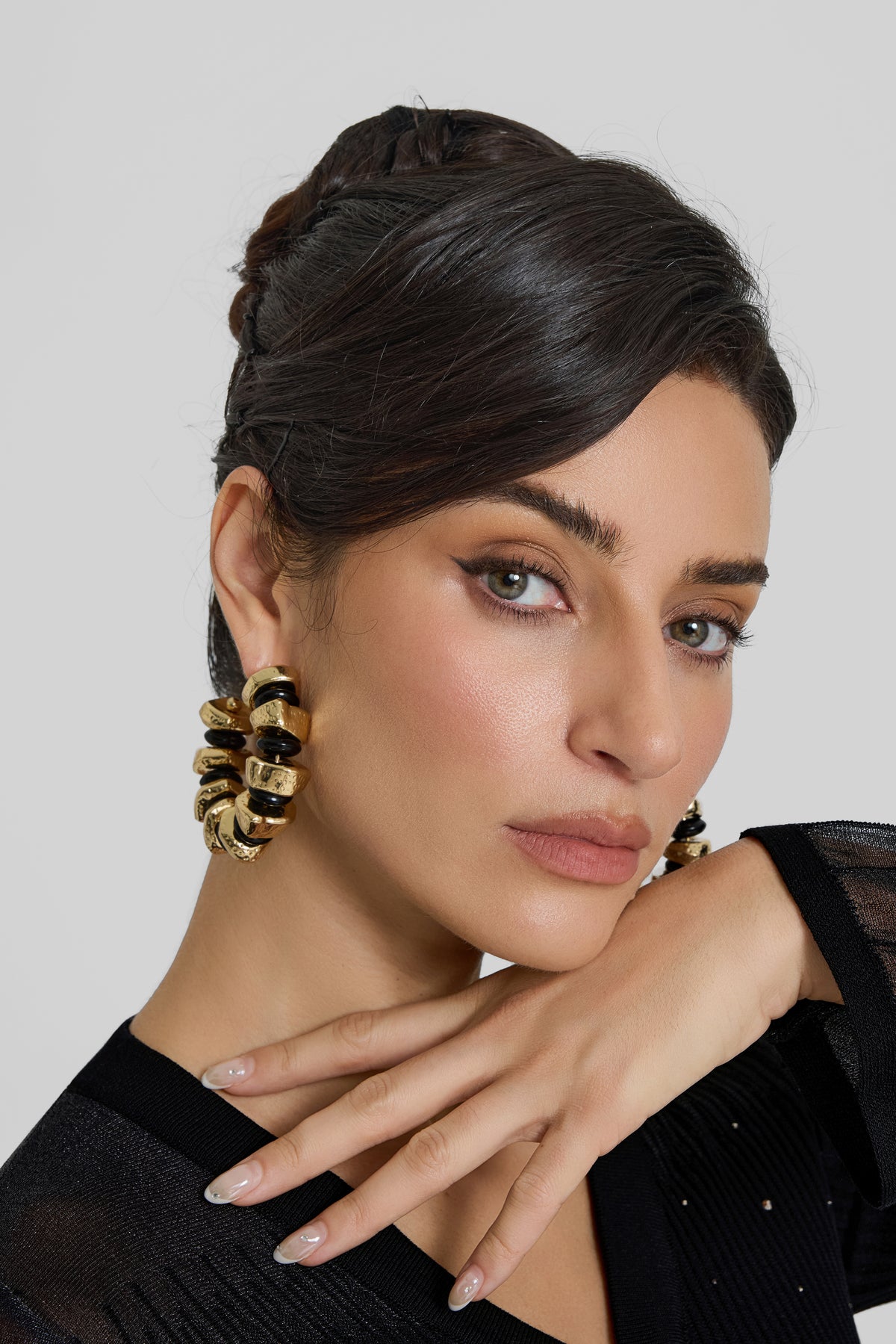 Hammered Gold Black Beaded C Hoop Earrings