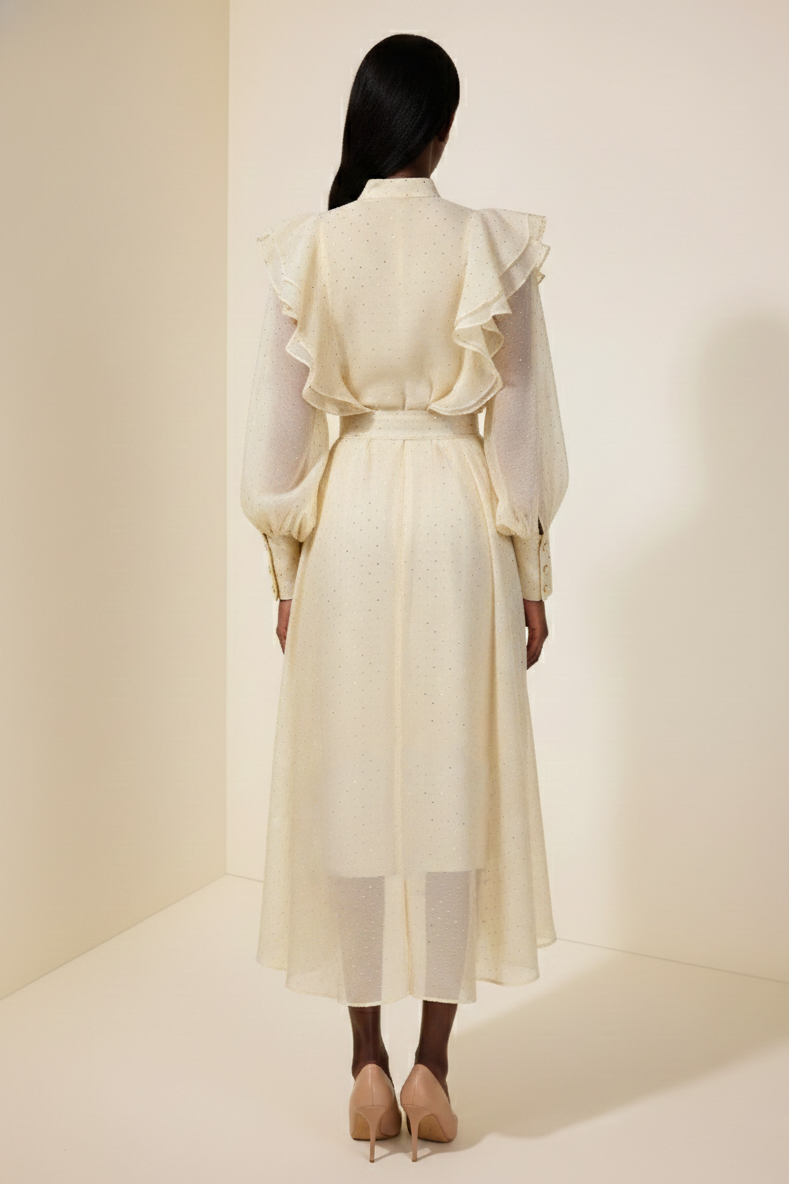 Chiffon Rhinestone Ruffle Midi Dress With Belt
