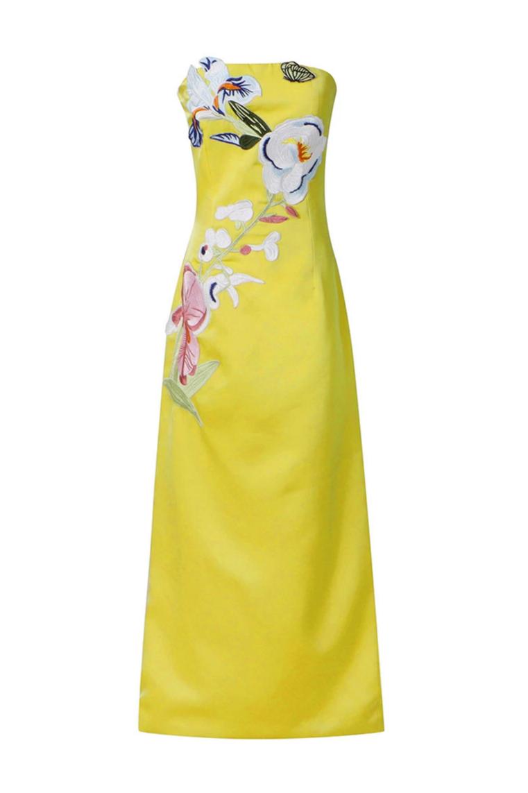 Embroidered Off Shoulder Slit Midi Dress