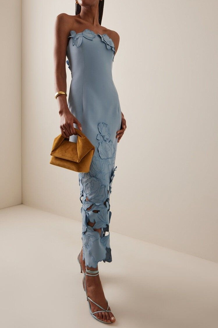 Off-Shoulder Floral Appliquéd Midi Dress