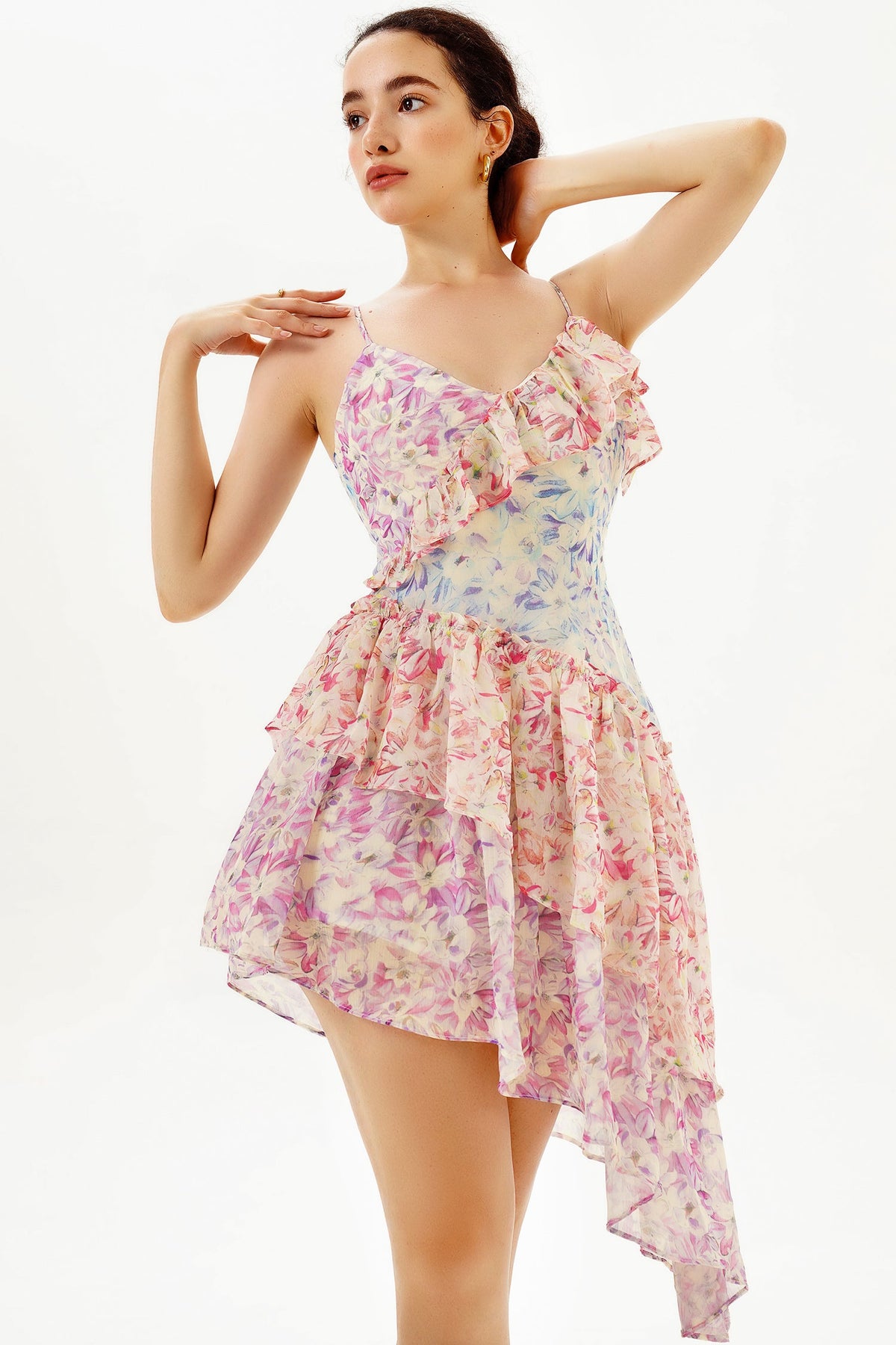 Floral Ruffle Asymmetric Hem Cami Midi Dress