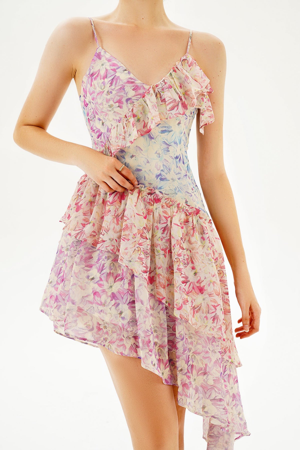 Floral Ruffle Asymmetric Hem Cami Midi Dress