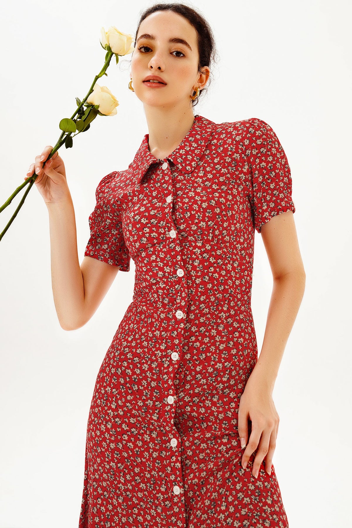 Floral Puff Sleeve Lapel Buttoned Midi Dress
