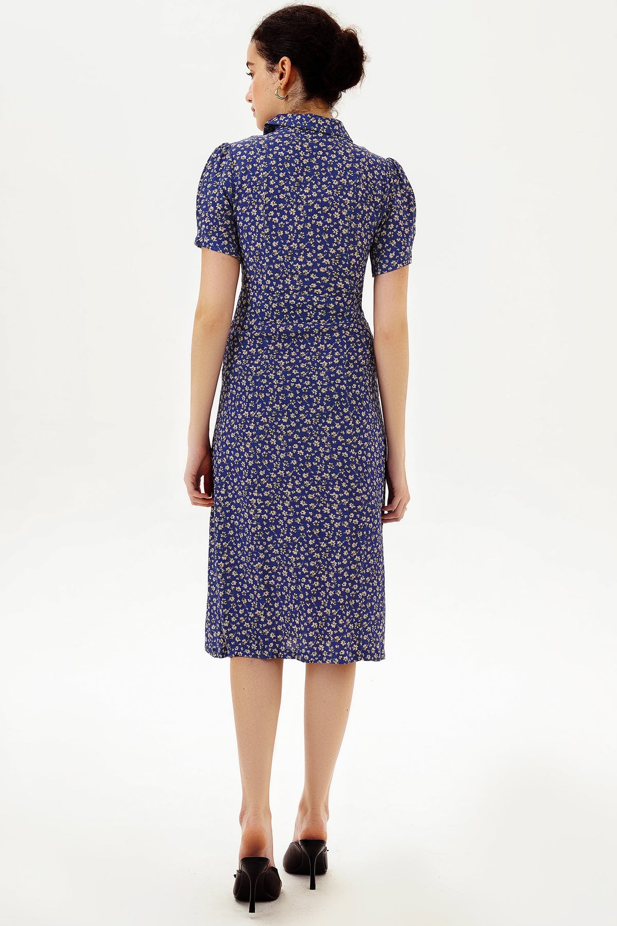 Puff Sleeve Lapel Print Midi Dress Blue