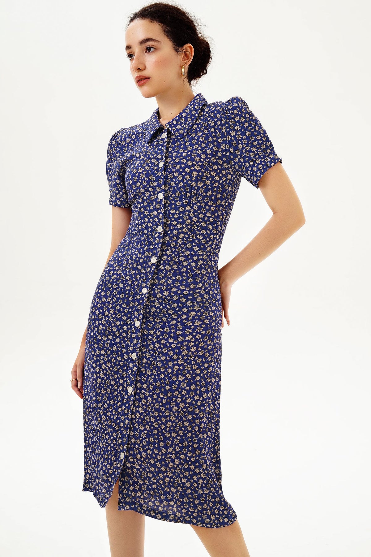 Puff Sleeve Lapel Print Midi Dress Blue