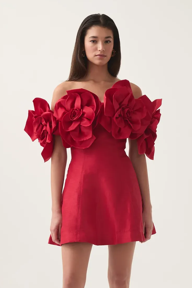 3D Flower Solid Off-Shoulder Mini Dress