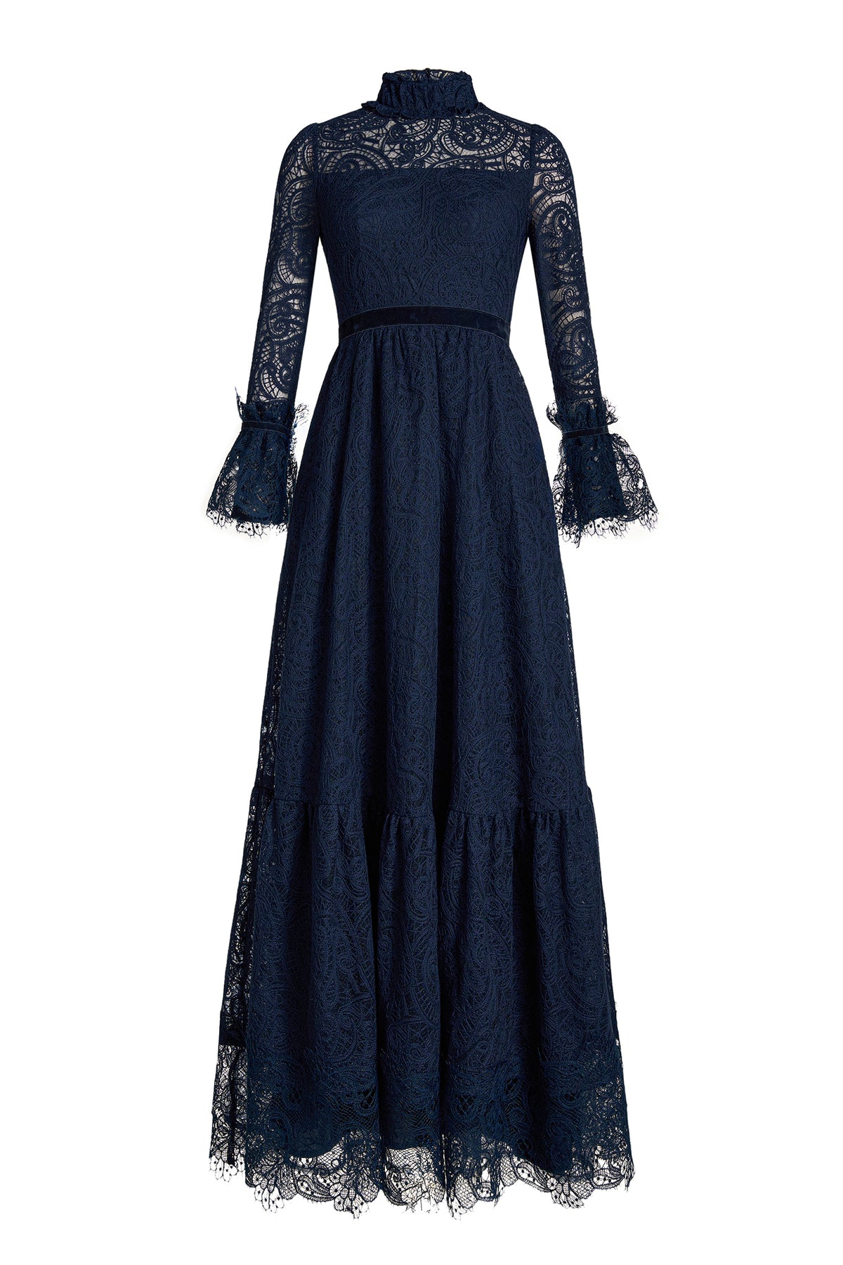 Lace Stand Collar Ruffle Maxi Dress