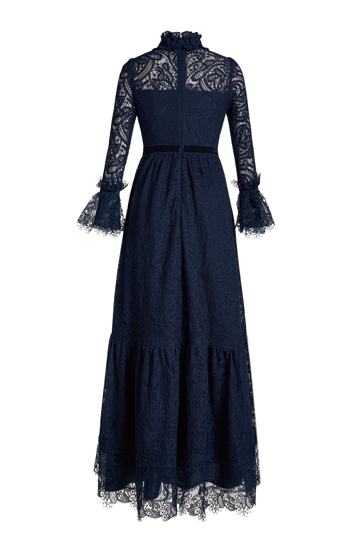 Lace Stand Collar Ruffle Maxi Dress