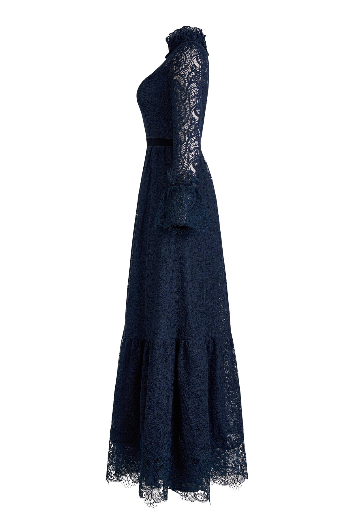 Lace Stand Collar Ruffle Maxi Dress